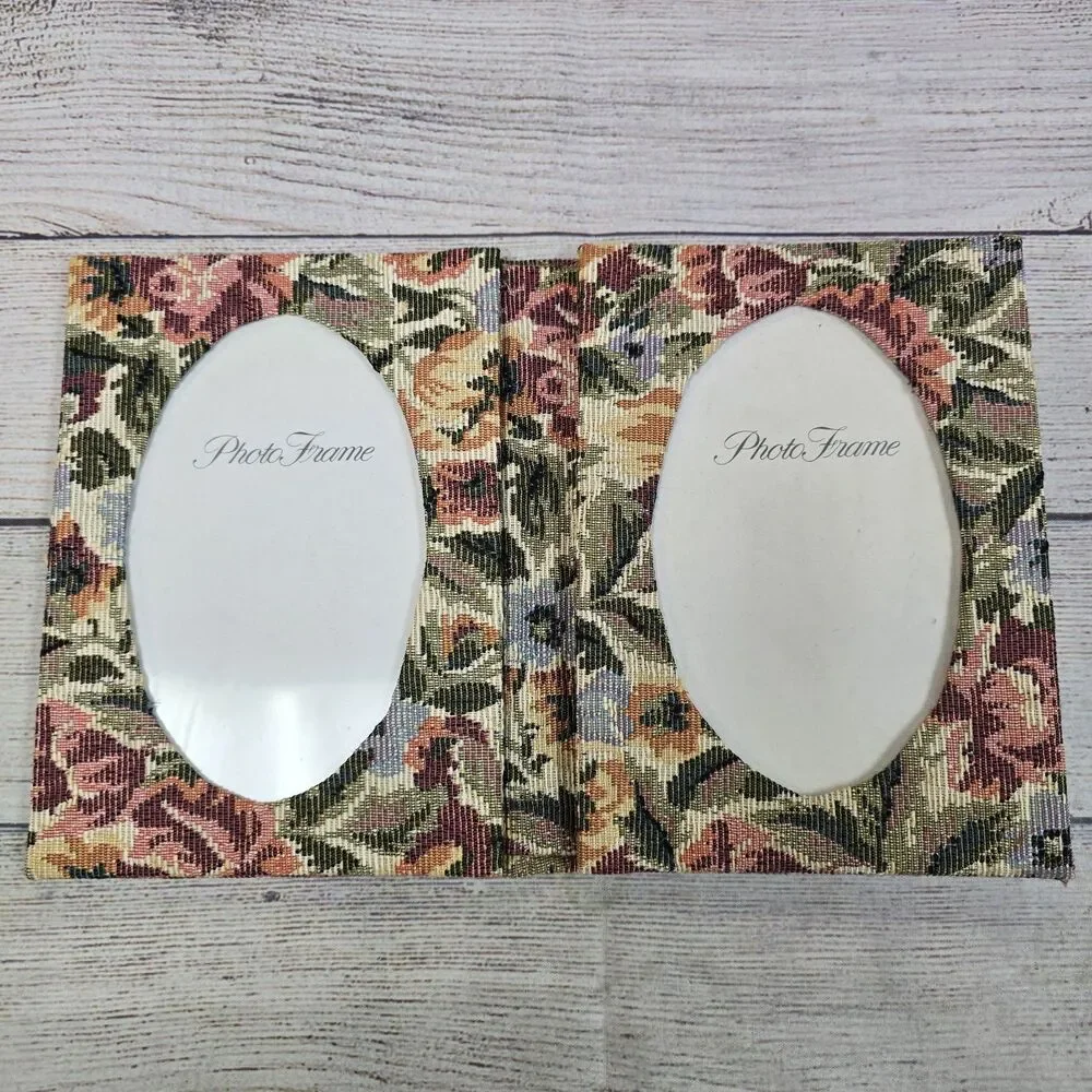 Vintage Fabric Covered Double Picture Frame Floral Tapestry